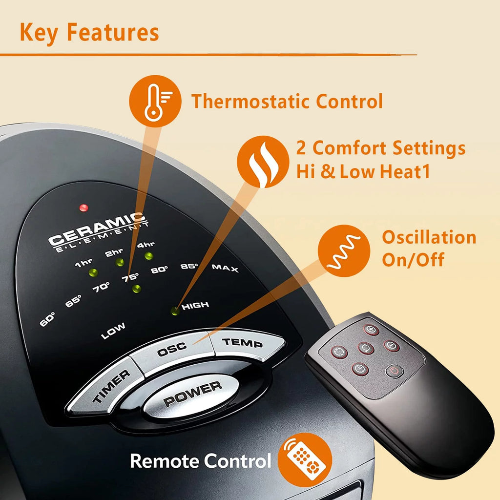 Oscillating Tower Space Heater with Adjustable Thermostat Timer & Remote Control, 22.5 Inches 1500W Grey/Black A76373