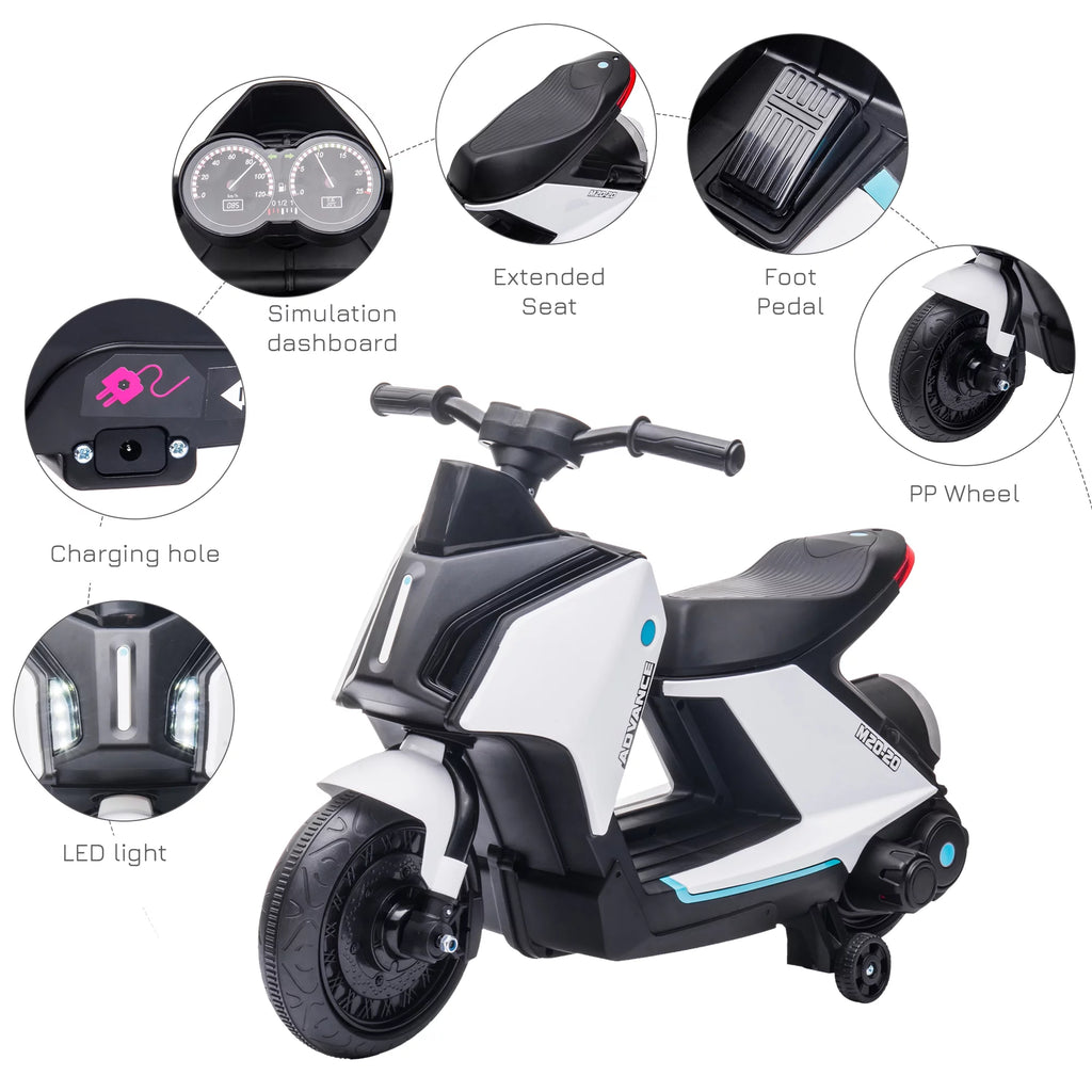 6V Kids Electric Motorcycle Ride-On Rechargeable Bike with Headlights, White D87680