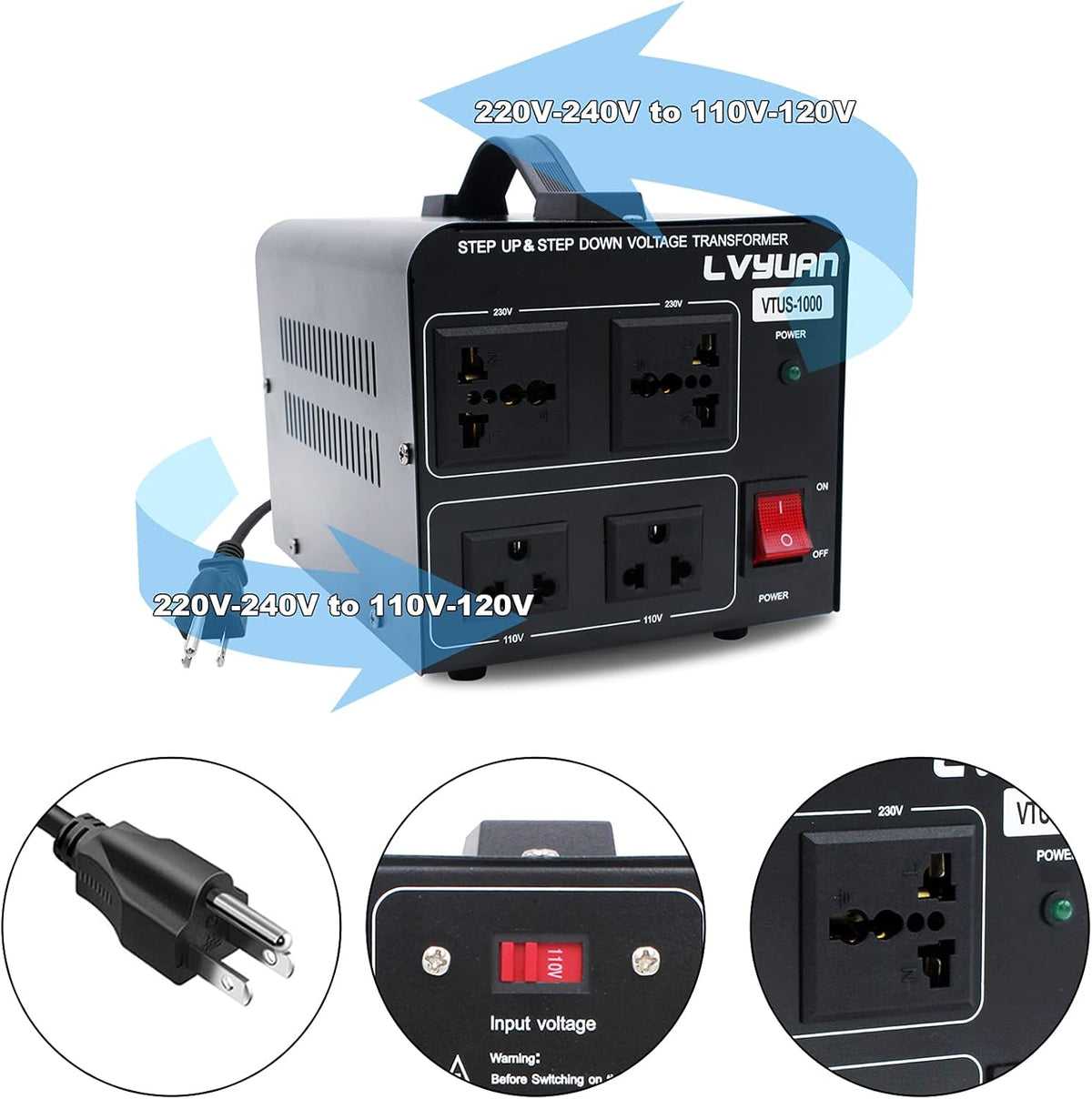 Voltage Transformer Converter 1000 Watt Step Up/Down 110-120 Volt to 220-240 Volt with 2 US outlets, 2 Universal outlets, Circuit Breaker Pack of 2 R180372