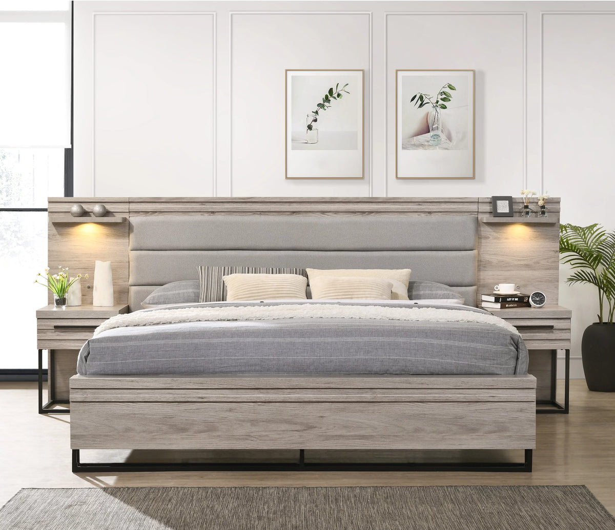 King Upholstered Wood Wallbed Bed with 2 Nightstands C1234