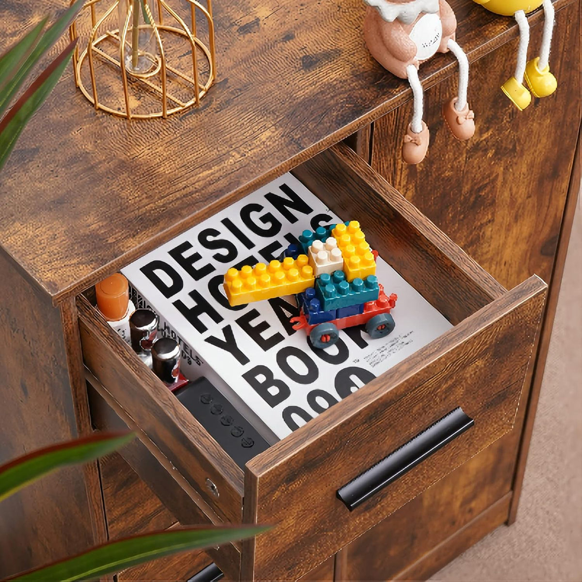 Rustic Brown Bathroom Storage Cabinet with 4 Drawers and Adjustable Shelf M9399