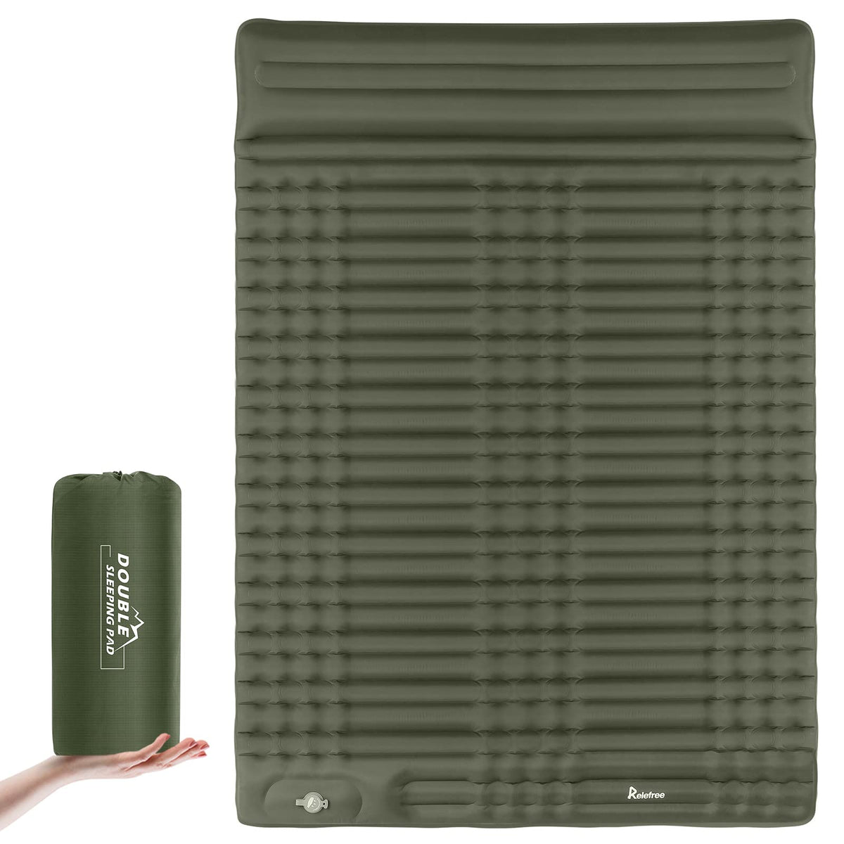Self Inflating Double Camping Sleeping Pad with Air Pillow, 79 in x 55 in, Army Green U995119