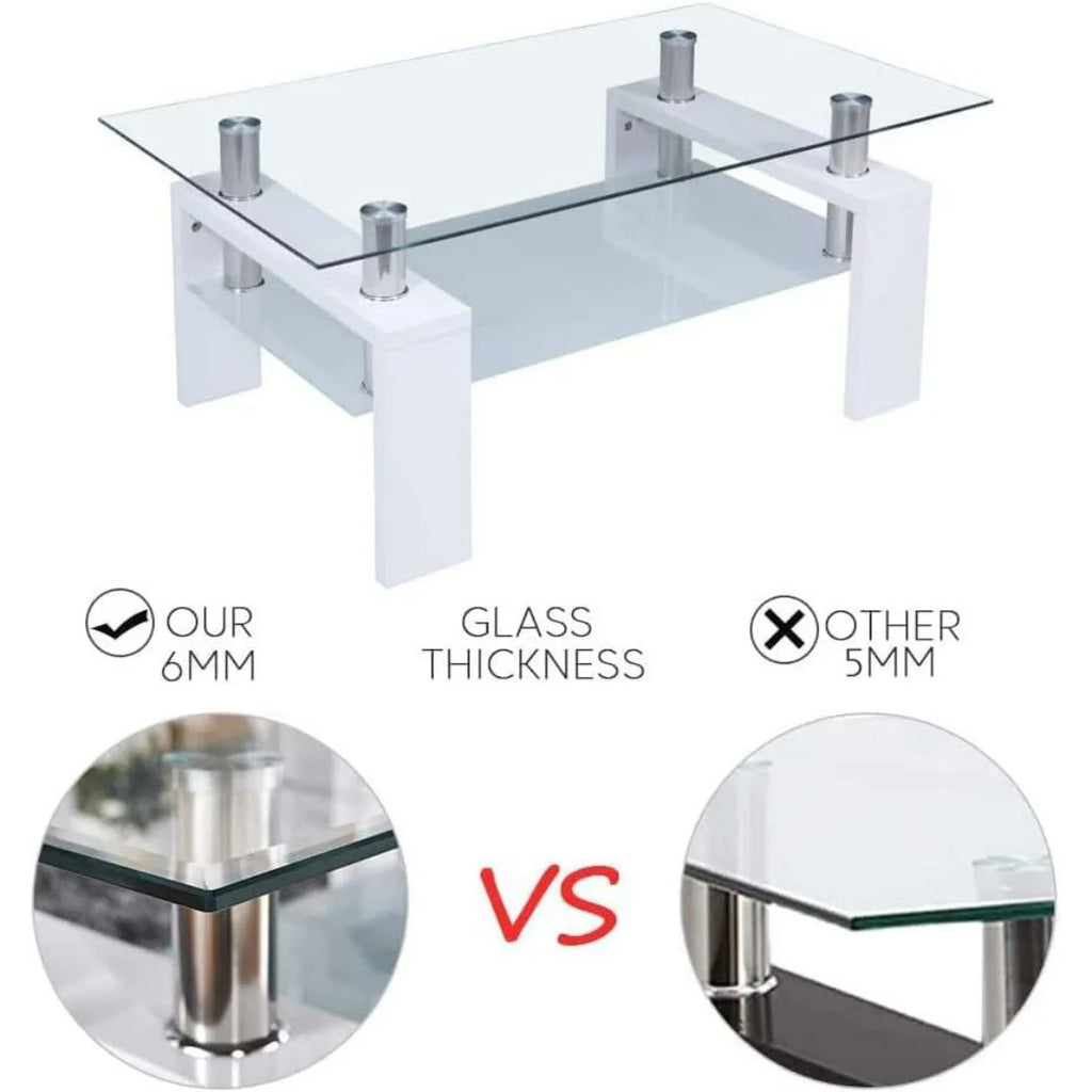 Glass Top White Coffee Table with Lower Shelf M975240