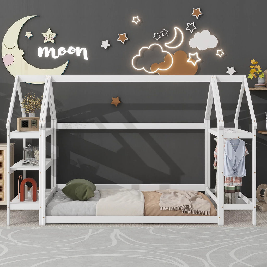 White Solid Wood Twin Floor Bed Frame with Roof and Window D324