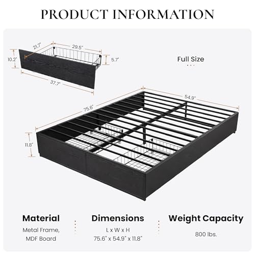 Black Queen Platform Bed Frame with 2 Storage Drawers E293