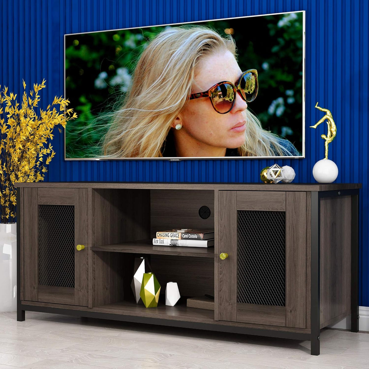 Entertainment Center Stand with Storage, Sturdy Metal Frame, Brown Walnut T9342