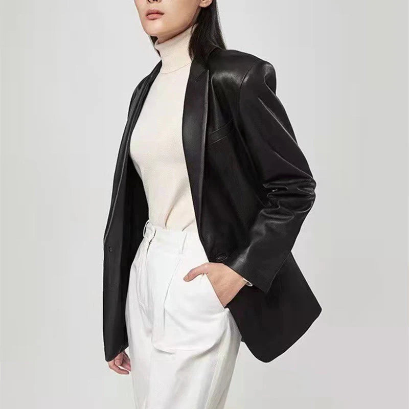 Recycled Vegan Leather One Button Blazer Jacket U44738