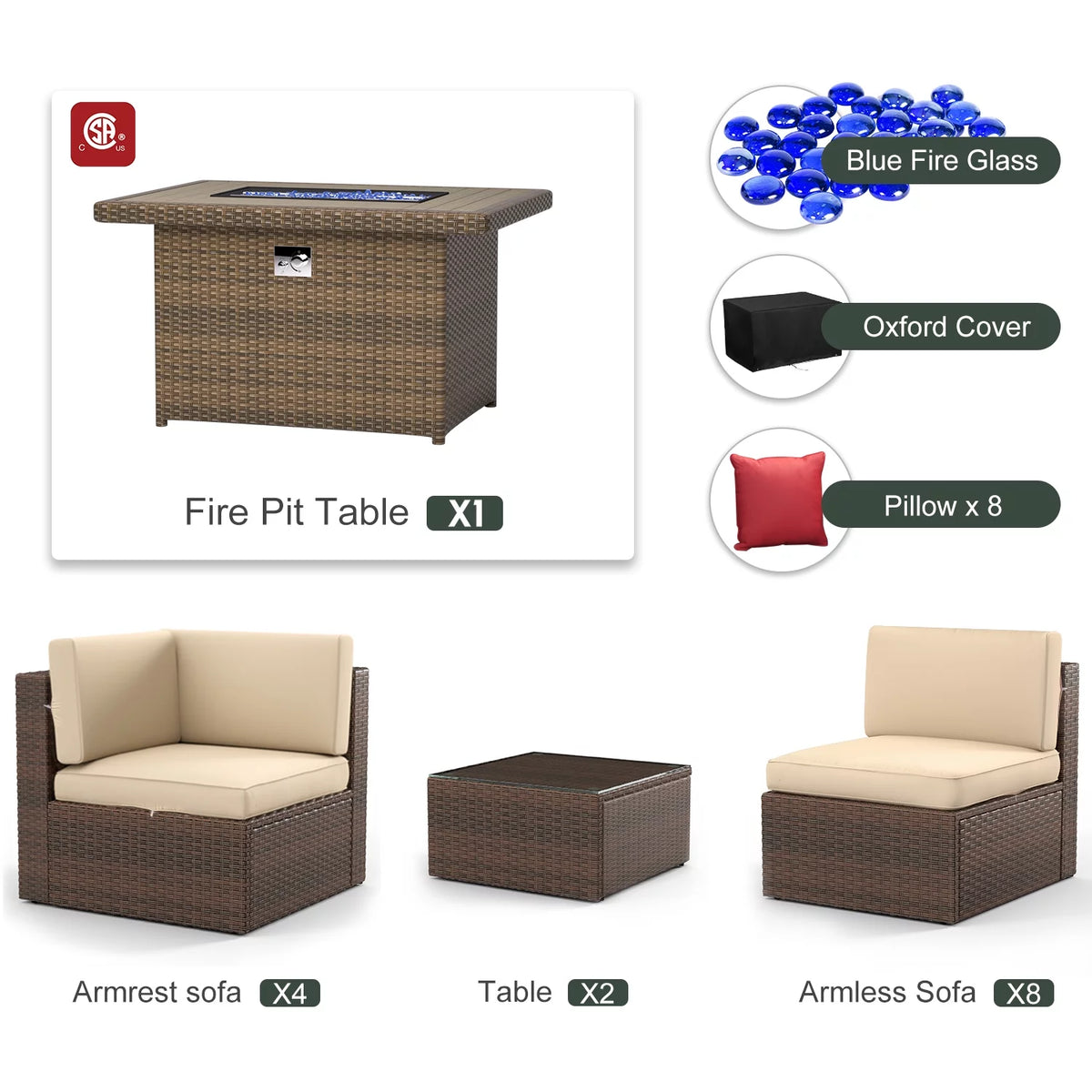 8 Pcs Patio Furniture Set with Fire Pit Table T3389