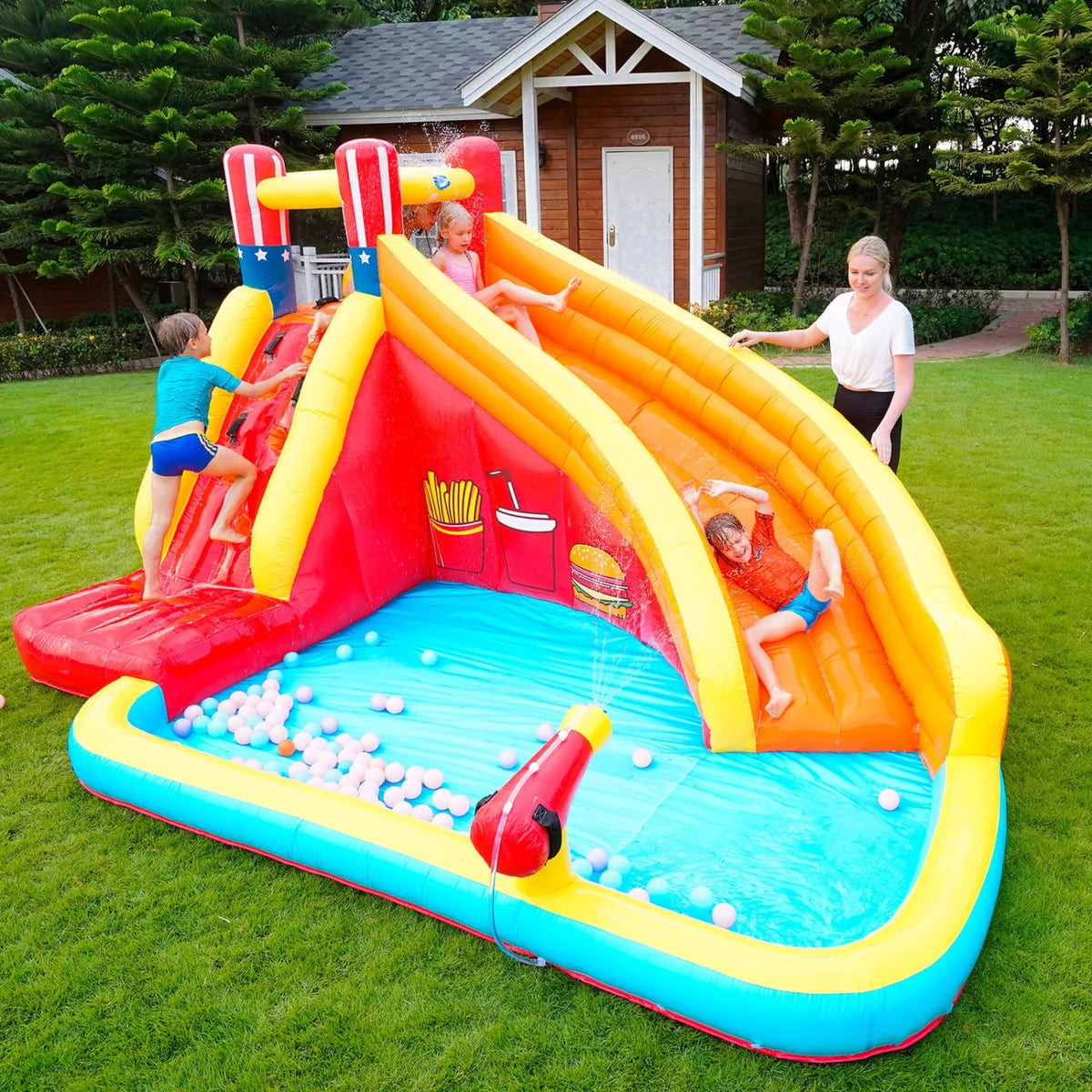 Inflatable Water Slide Splash Toy with Climbing Wall, Splash Pool, Water Cannon, Blower, Sprinkler, Stakes, Repair Patches, Storage Bag I4709