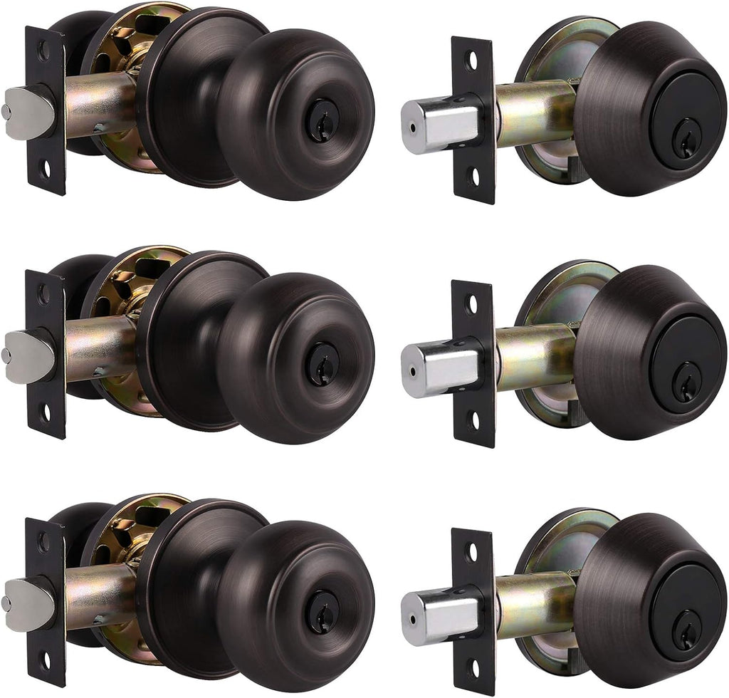 Oil Rubbed Bronze Entry Door Knob Lock Set with Single Cylinder Deadbolt, 3 Pack O155