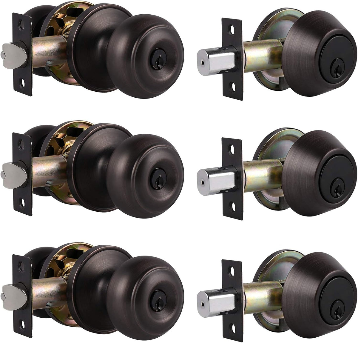 Oil Rubbed Bronze Entry Door Knob Lock Set with Single Cylinder Deadbolt, 3 Pack O155