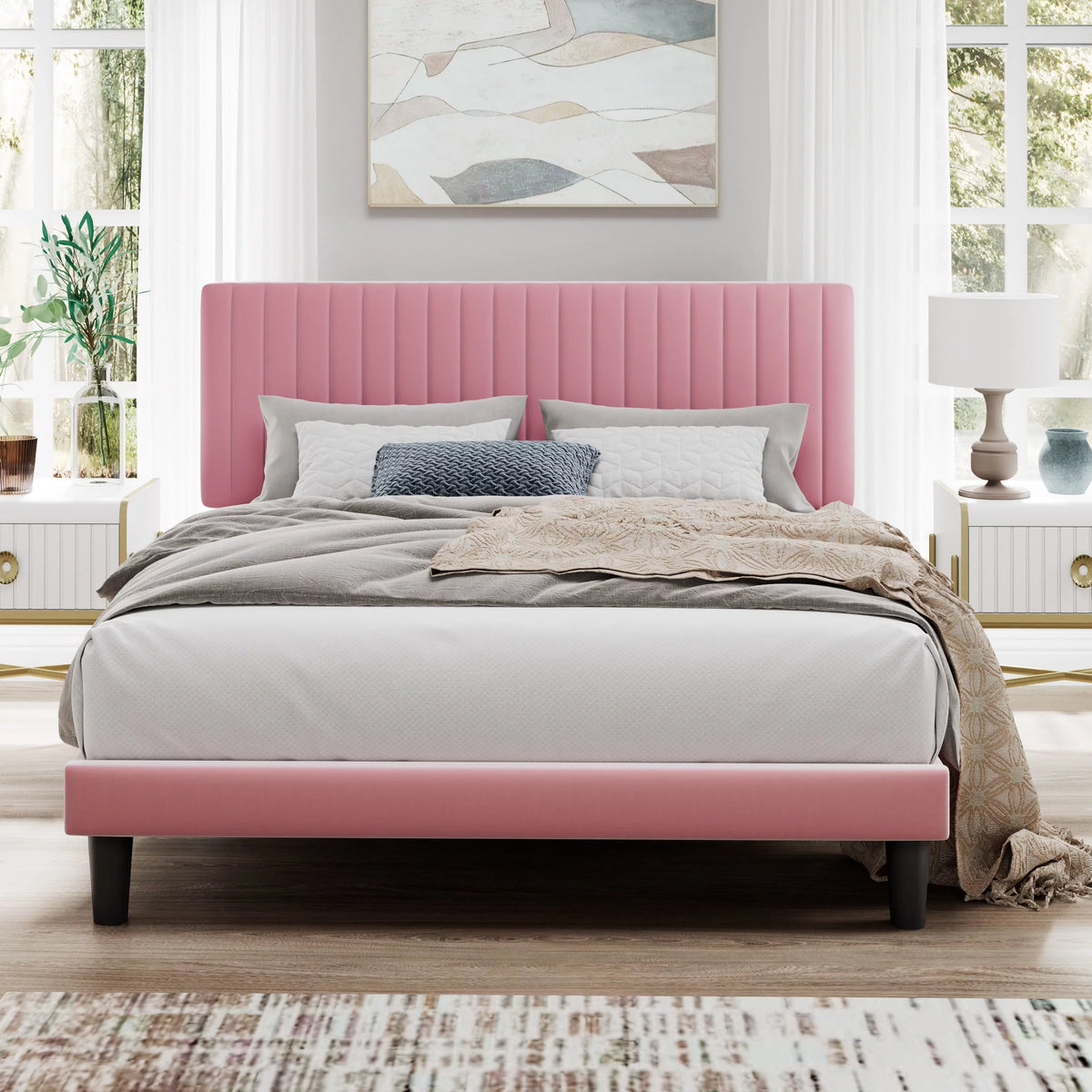 Pink Queen Size Upholstered Platform Bed Frame with Velvet Headboard R8731