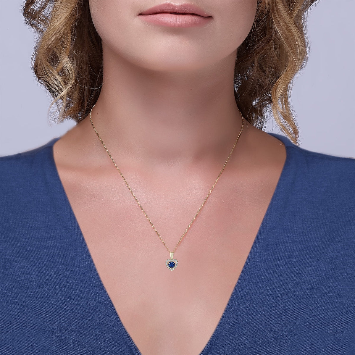 14K Yellow Gold Blue Sapphire CZ Heart Halo Pendant Necklace with 18" Chain C785