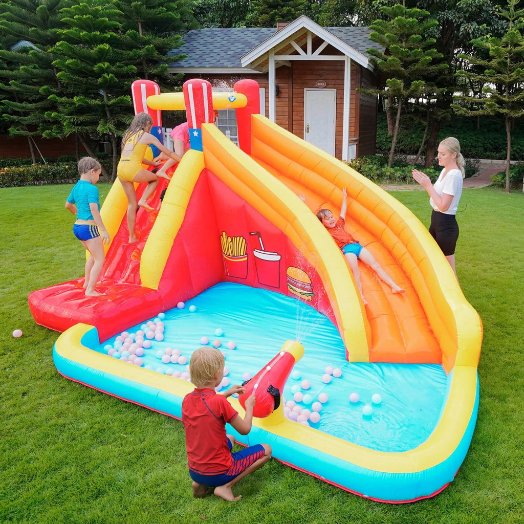 Inflatable Water Slide Splash Toy with Climbing Wall, Splash Pool, Water Cannon, Blower, Sprinkler, Stakes, Repair Patches, Storage Bag I4709