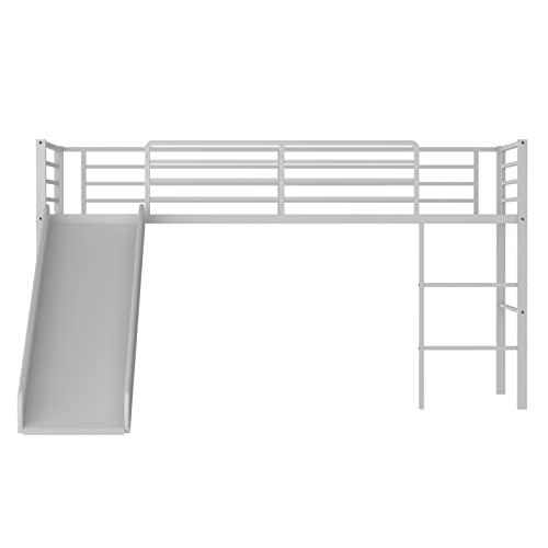 White Twin Metal Loft Bed with Slide and Guardrails O272