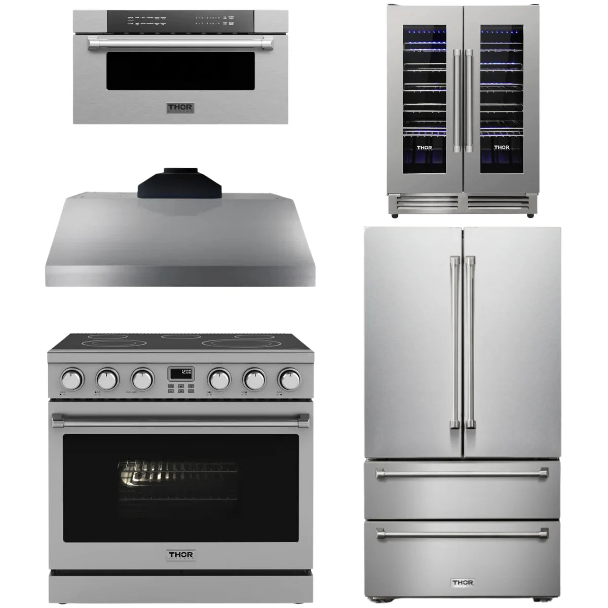 36 Electric Range, Range Hood, Refrigerator, Microwave and Wine Cooler P2604