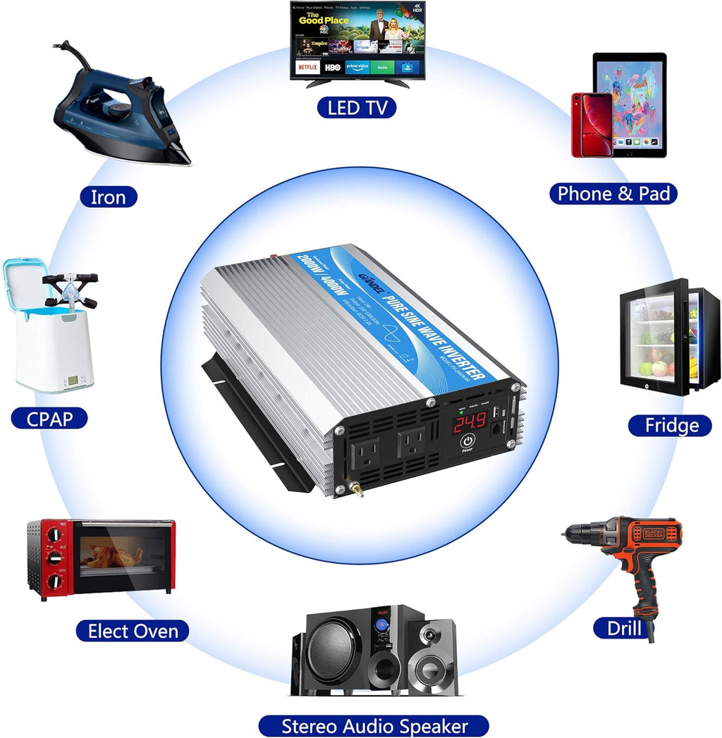 24 Volt 2000W Pure Sine Wave Power Inverter DC 24V to AC120V with Dual AC Outlets Remote Control 2.4A USB LED Display B502450