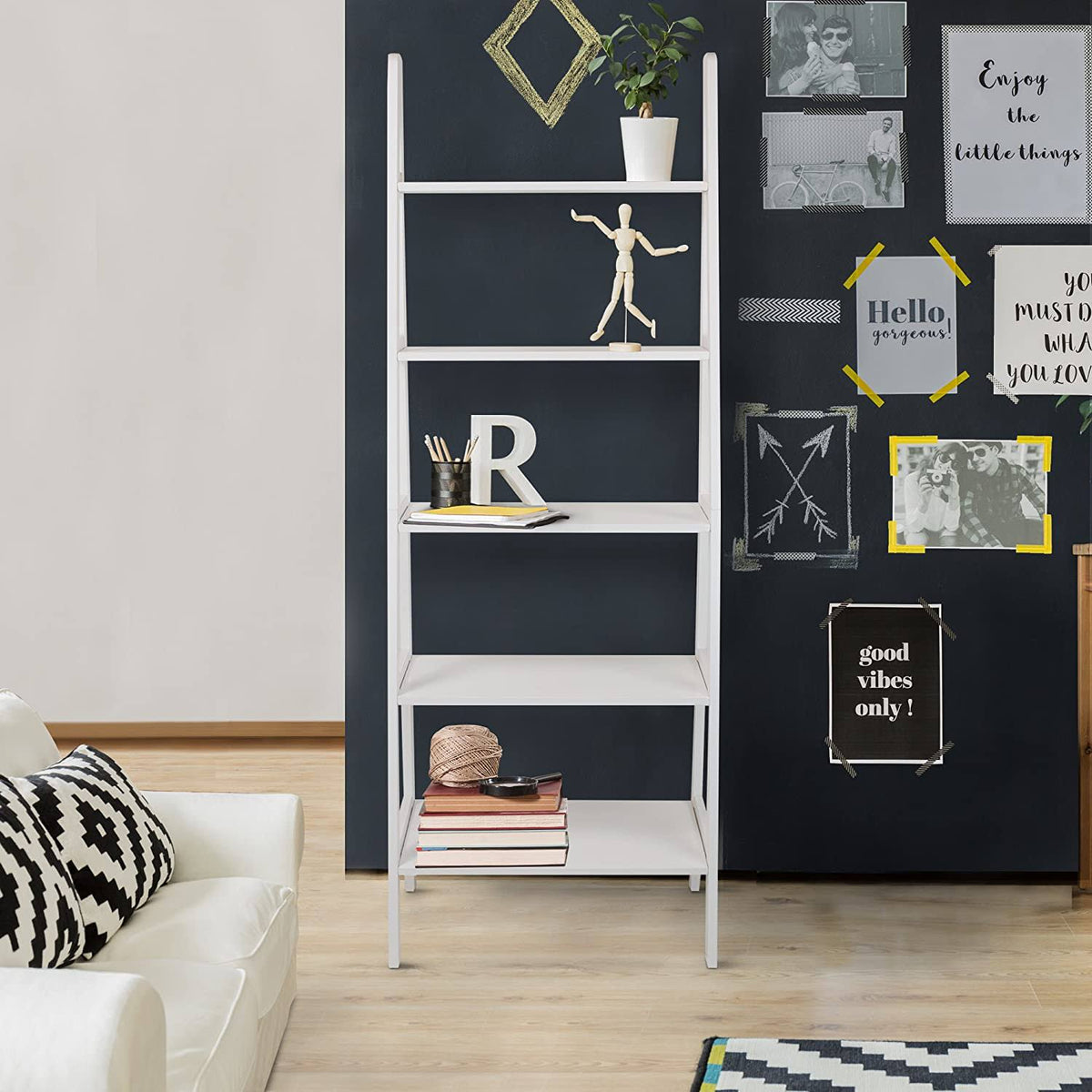 White 5-Shelf Ladder Bookcase F766