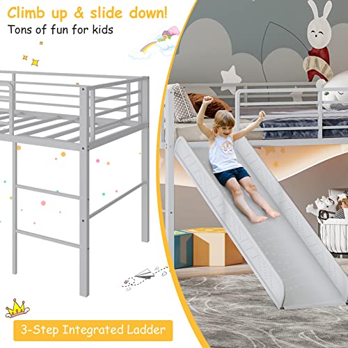 White Twin Metal Loft Bed with Slide and Guardrails O272