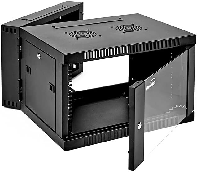 6U Wall-Mount Network Cabinet Enclosure, 650mm Depth, Hinged Back, Swing Gate Server Cabinet, Locks, Reversible Glass Front Door, 2 Fans I459