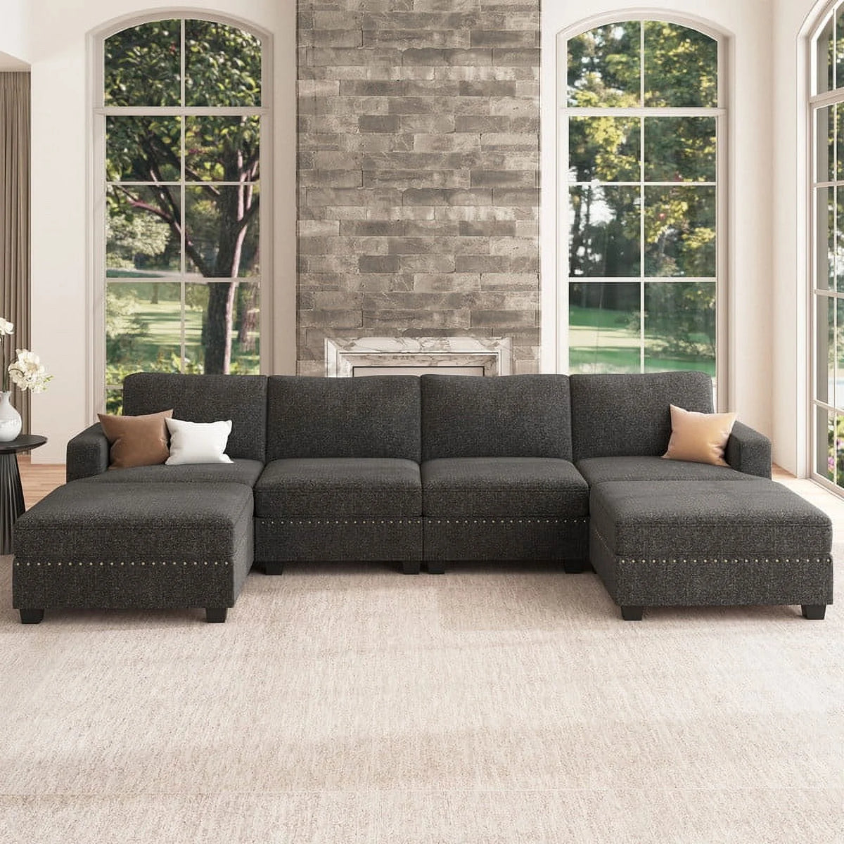 Dark Grey U Shaped Modular Sectional Sofa with Storage Ottoman N4942