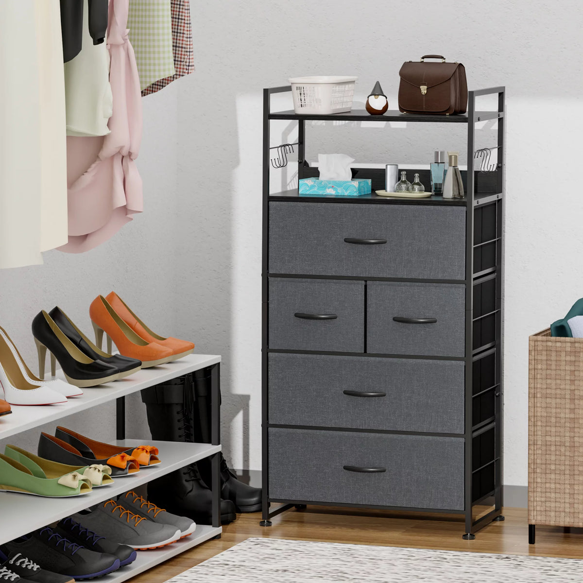 White 12 Drawer Dresser with Side Pockets and Hooks S34291