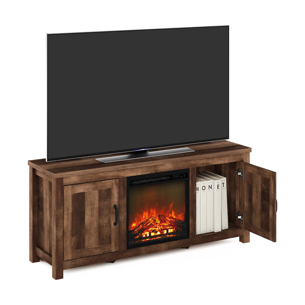 Farmhouse Barn Door Fireplace TV Stand with Storage Cabinet for TV up to 60 Inch, Rustic Brown P120963