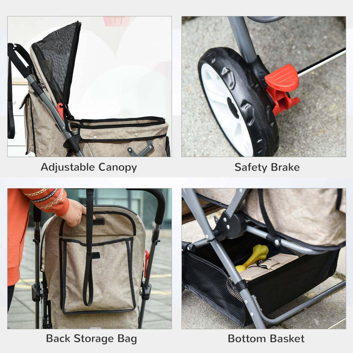 Foldable Pet Stroller with Reversible Handle Basket Storage Bag 3-Stage Canopy Zippered Mesh L388