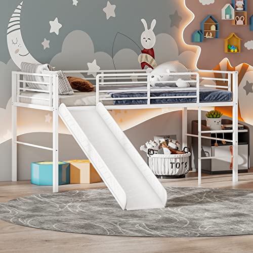 White Twin Metal Loft Bed with Slide and Guardrails O272