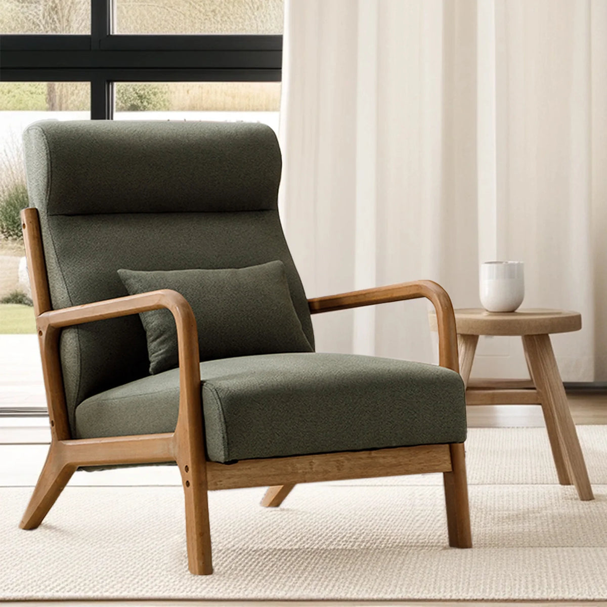 Mid-Century Modern Green Upholstered Accent Chair with Pillow Y916