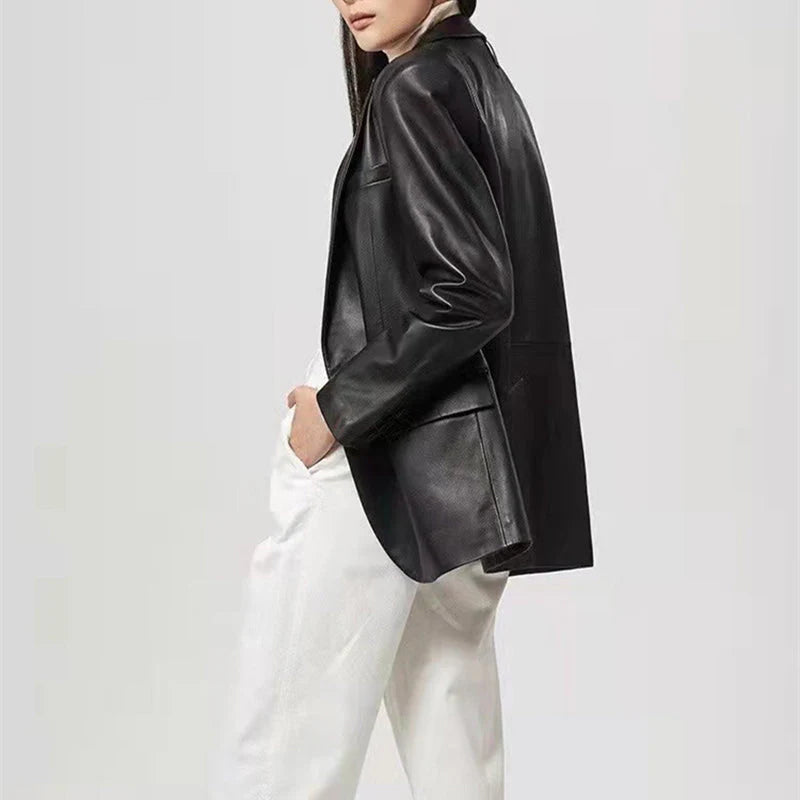 Recycled Vegan Leather One Button Blazer Jacket U44738