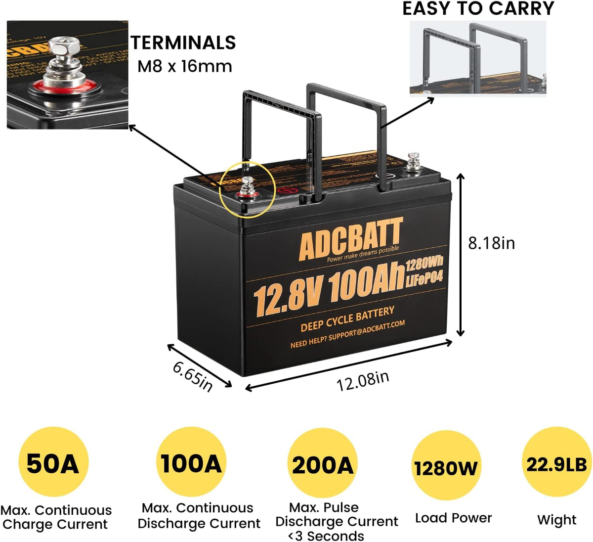 12V 100AH LiFePO4 Lithium Battery with 100A BMS A185