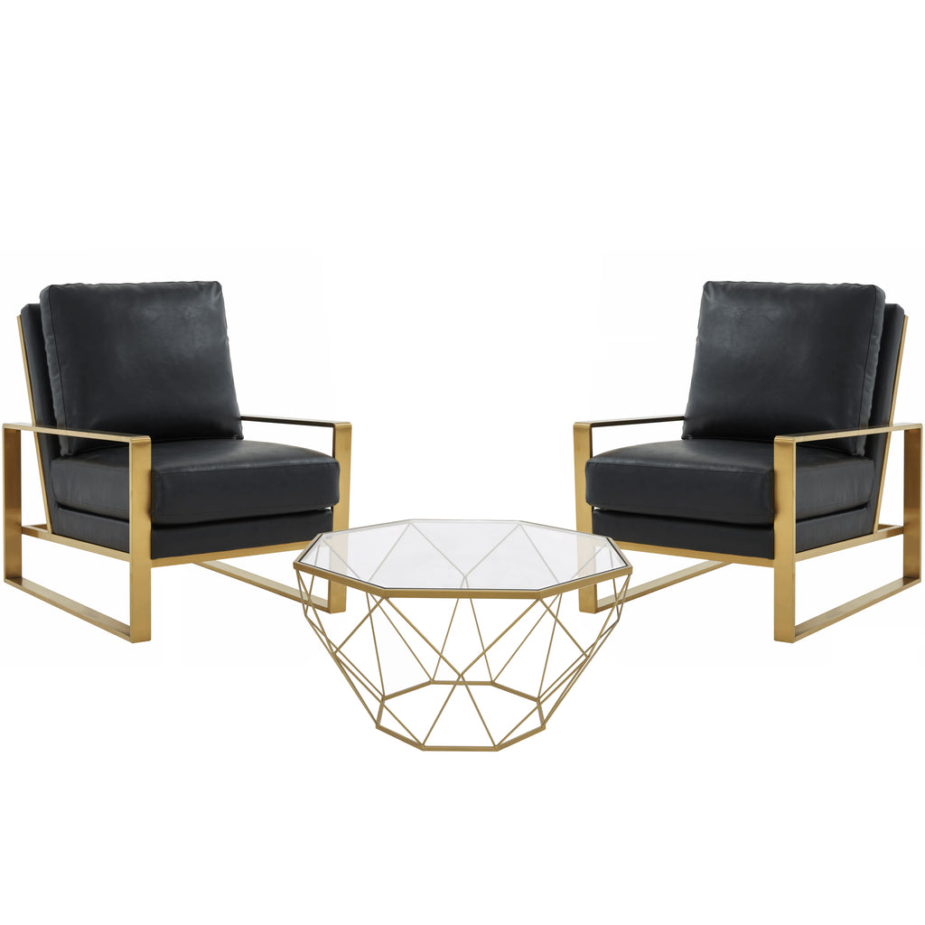 Black Leather 3-Piece Living Room Set with Octagonal Coffee Table Z4898