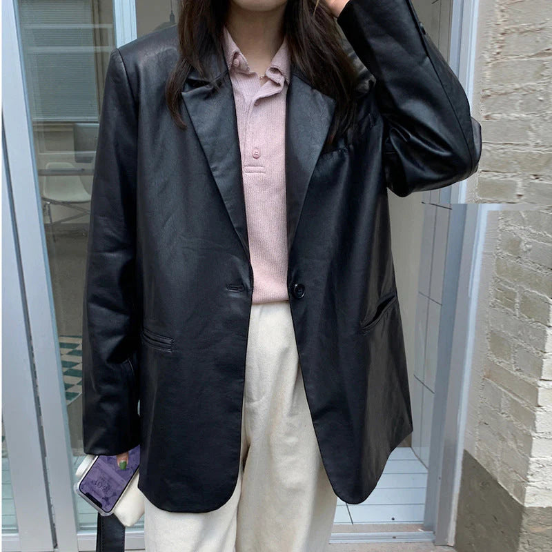 Recycled Vegan Leather One Button Blazer Jacket U44738