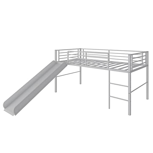 White Twin Metal Loft Bed with Slide and Guardrails O272