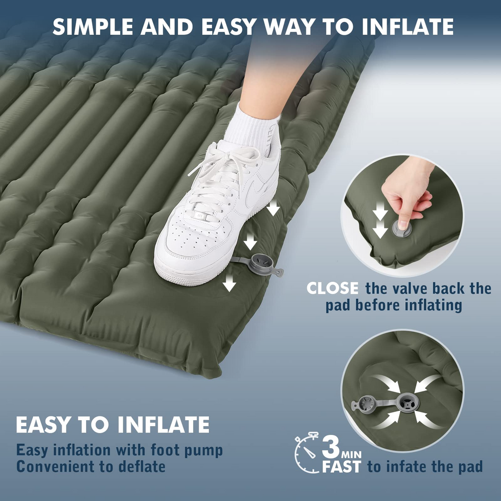 Self Inflating Double Camping Sleeping Pad with Air Pillow, 79 in x 55 in, Army Green U995119