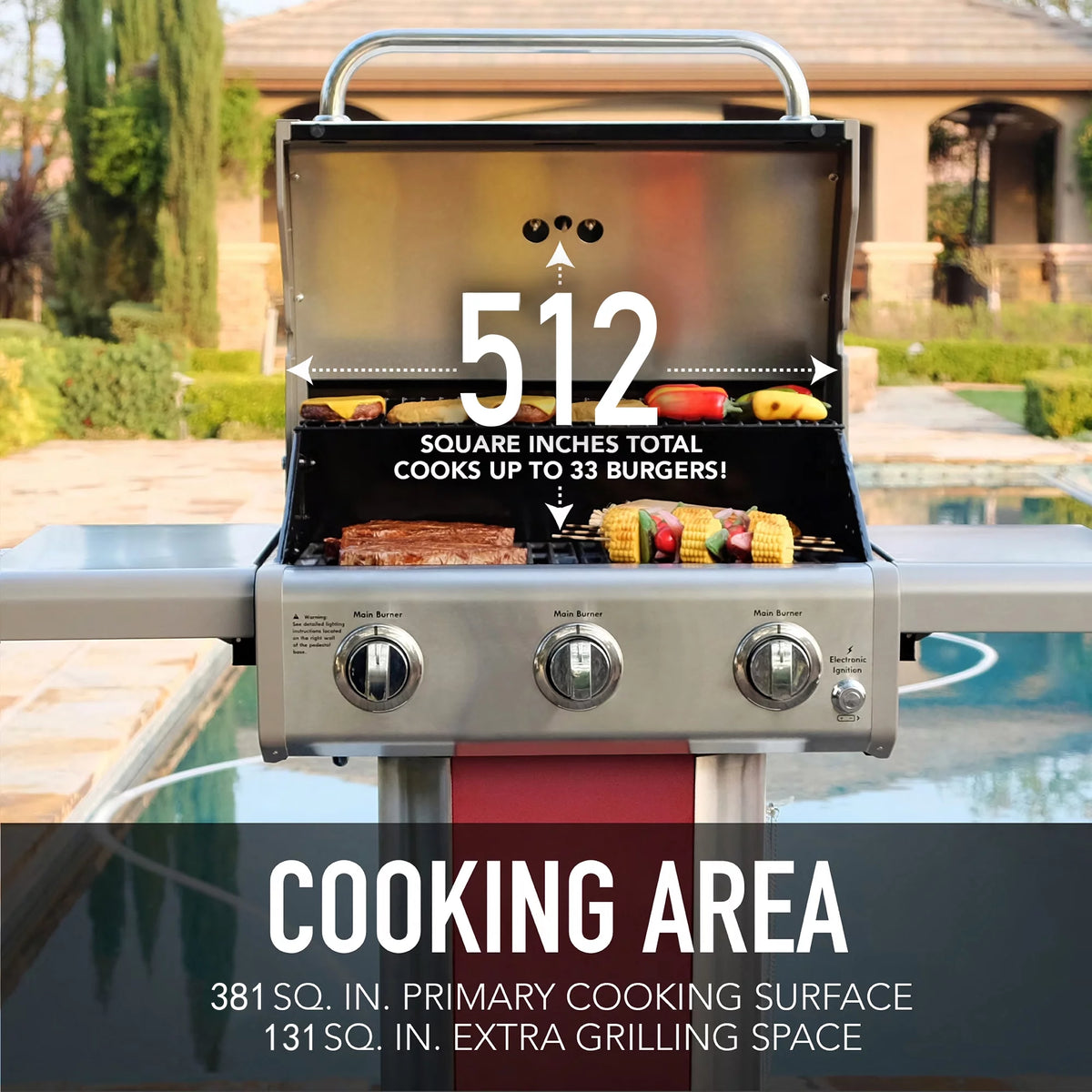 3-Burner Propane Gas Grill with Foldable Side Tables L5509