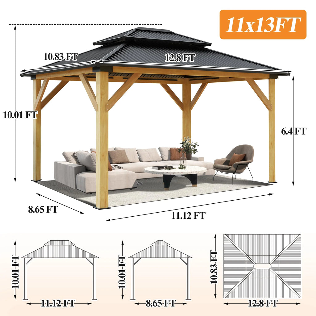 11’x13’ Outdoor Wooden Gazebo with Double Vented Roof T67668