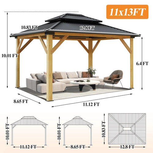 11’x13’ Outdoor Wooden Gazebo with Double Vented Roof T67668