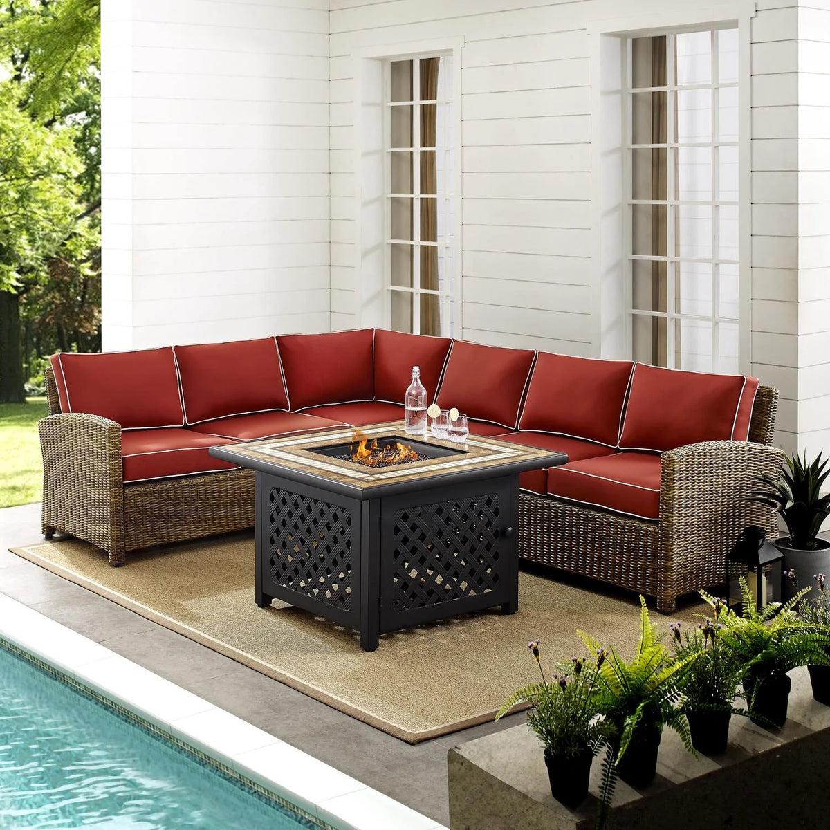 5Pc Outdoor Wicker Sectional Set with Glass Top Coffee Table I70740