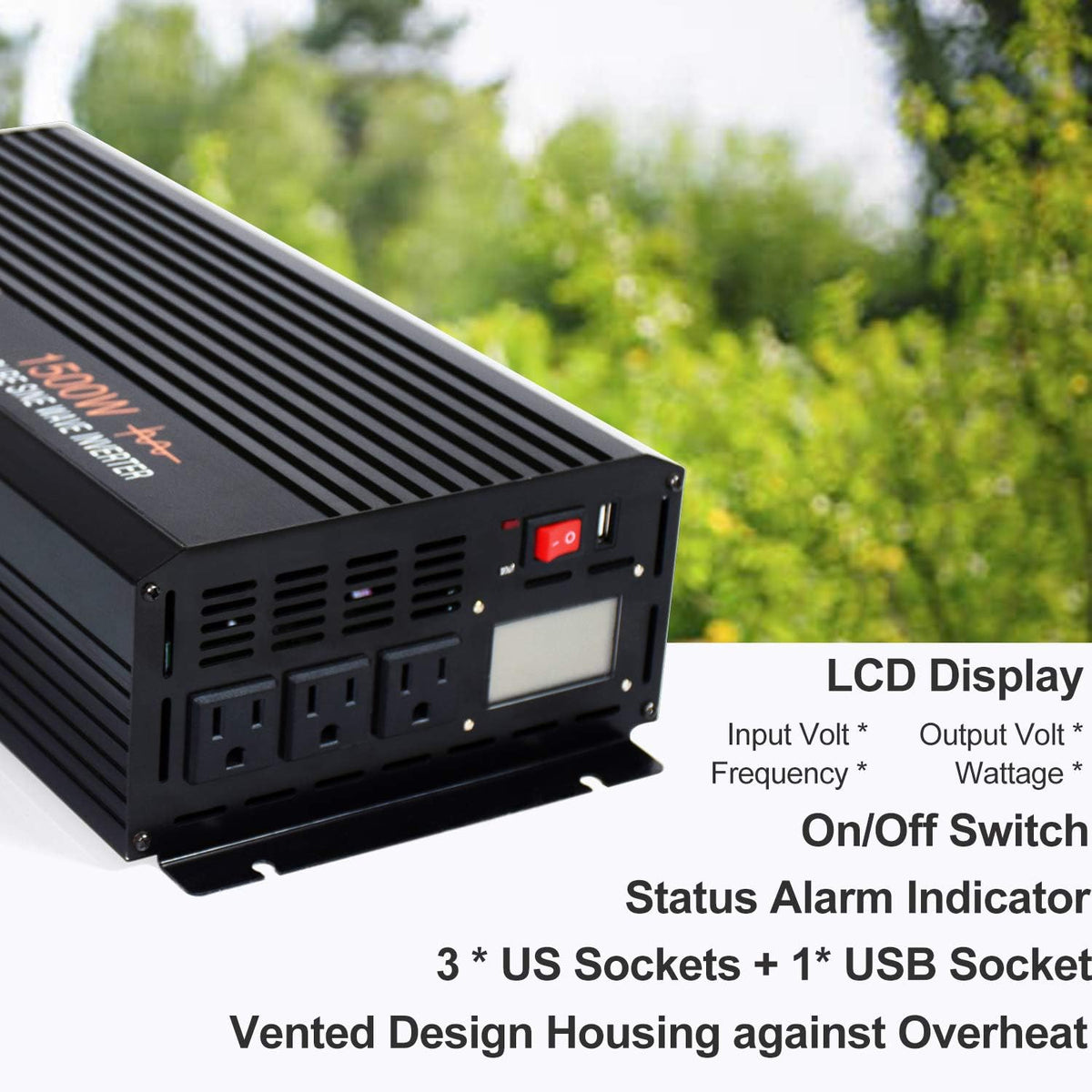 1500 Watt Pure Sine Wave Power Inverter 12V DC to AC 110V 120V with LCD Display Remote Switch N557
